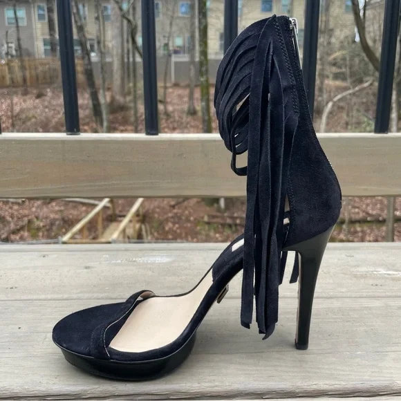 Michael Kors Daphne Black Fringe Platform Open Toe Stiletto Sandals Shoes 39.5 - Picture 12 of 16